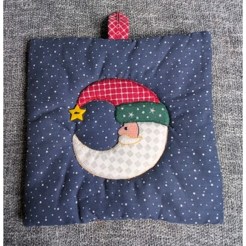 Quilted Christmas Pot Holder Moon Santa Appliqué Blue Star Country Farmhouse